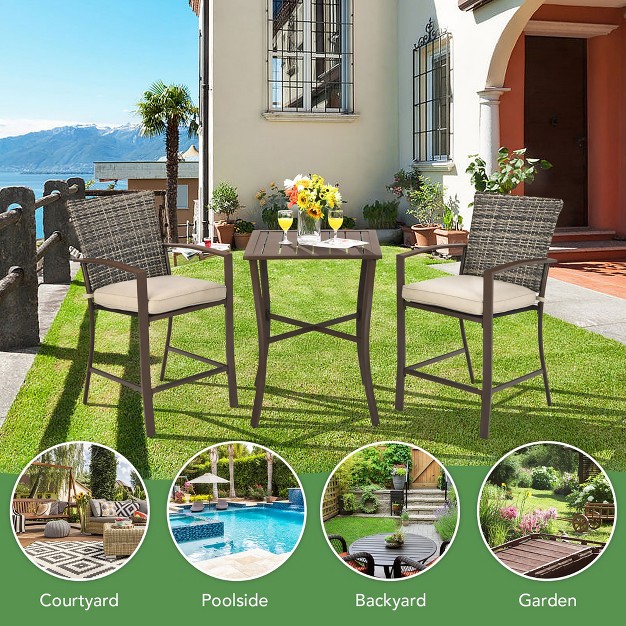 Costway 3pcs Patio Rattan Bar Furniture Set Slat Table 2 Cushioned Stools Poolside Brown