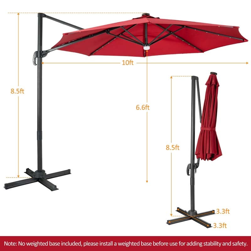 10 FT Cantilever Offset Patio Umbrella 28 Solar LED Lighted Market Umbrella with 3-Tilt Position, Crossed Base