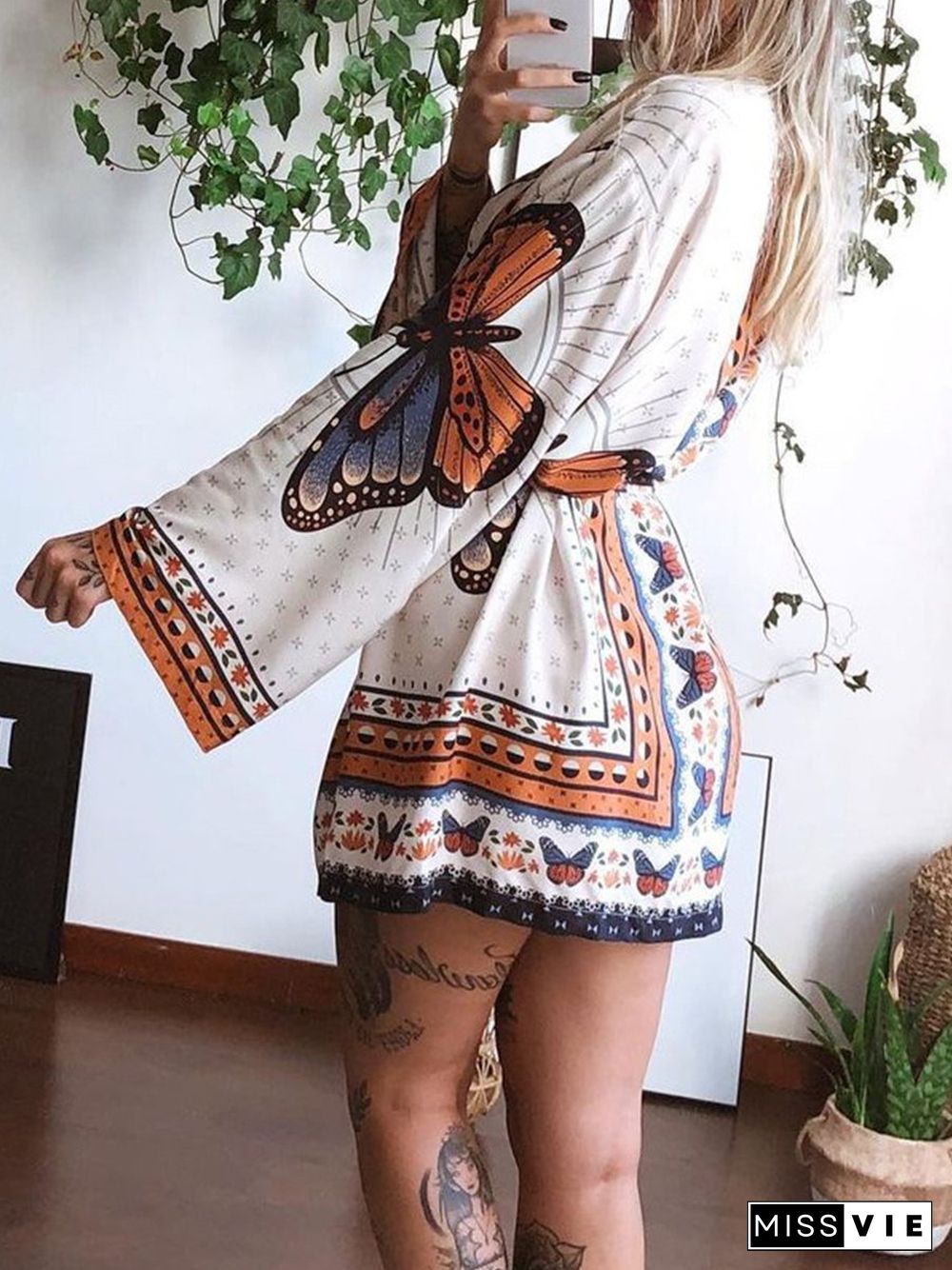 Printed Long Sleeve Waist Down Mini Dress P14237