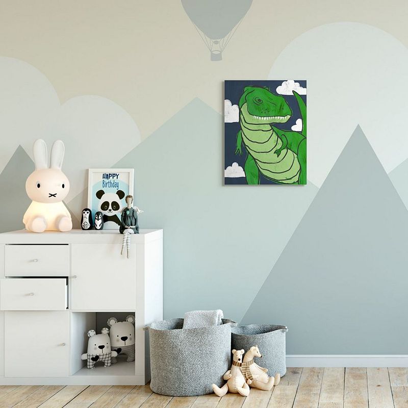 Stupell Home Decor T-Rex Kids Illustration Green Dinosaur Blue Sky Wall Art