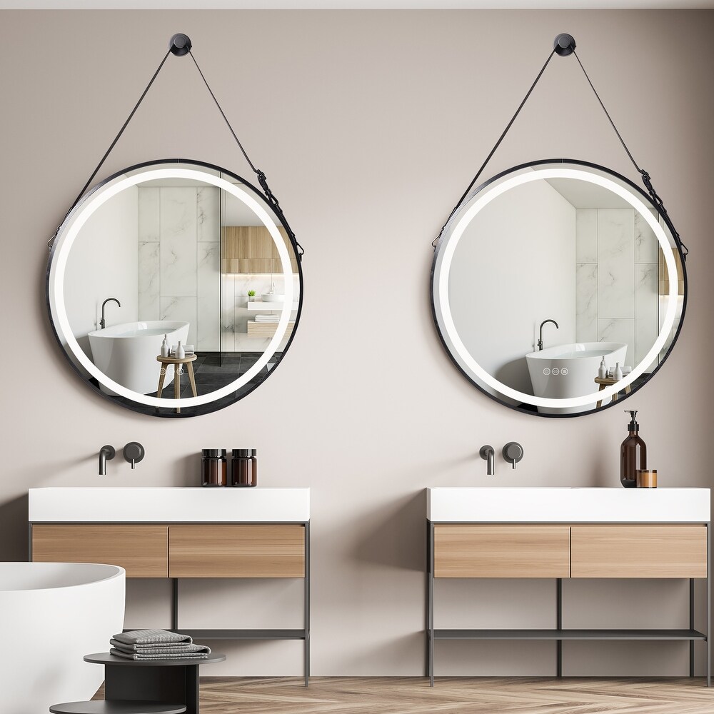 Large Round Framed LED Wall Bathroom Vanity Mirror with Hanging Strap