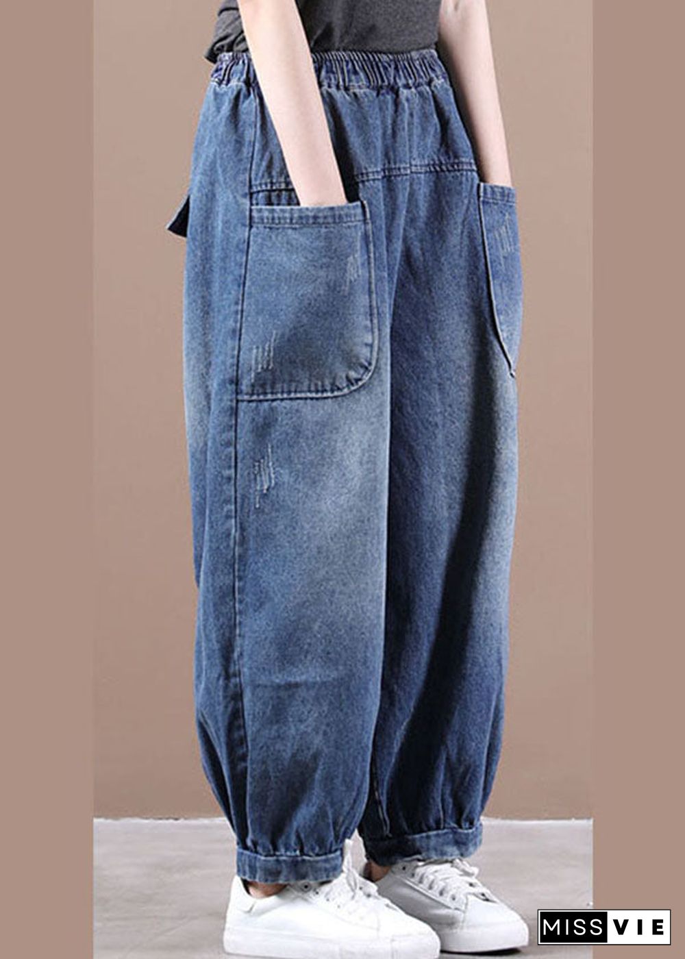 Fashion Denim Blue Elastic Waist Pockets Patchwork Cotton Harem Pants Fall