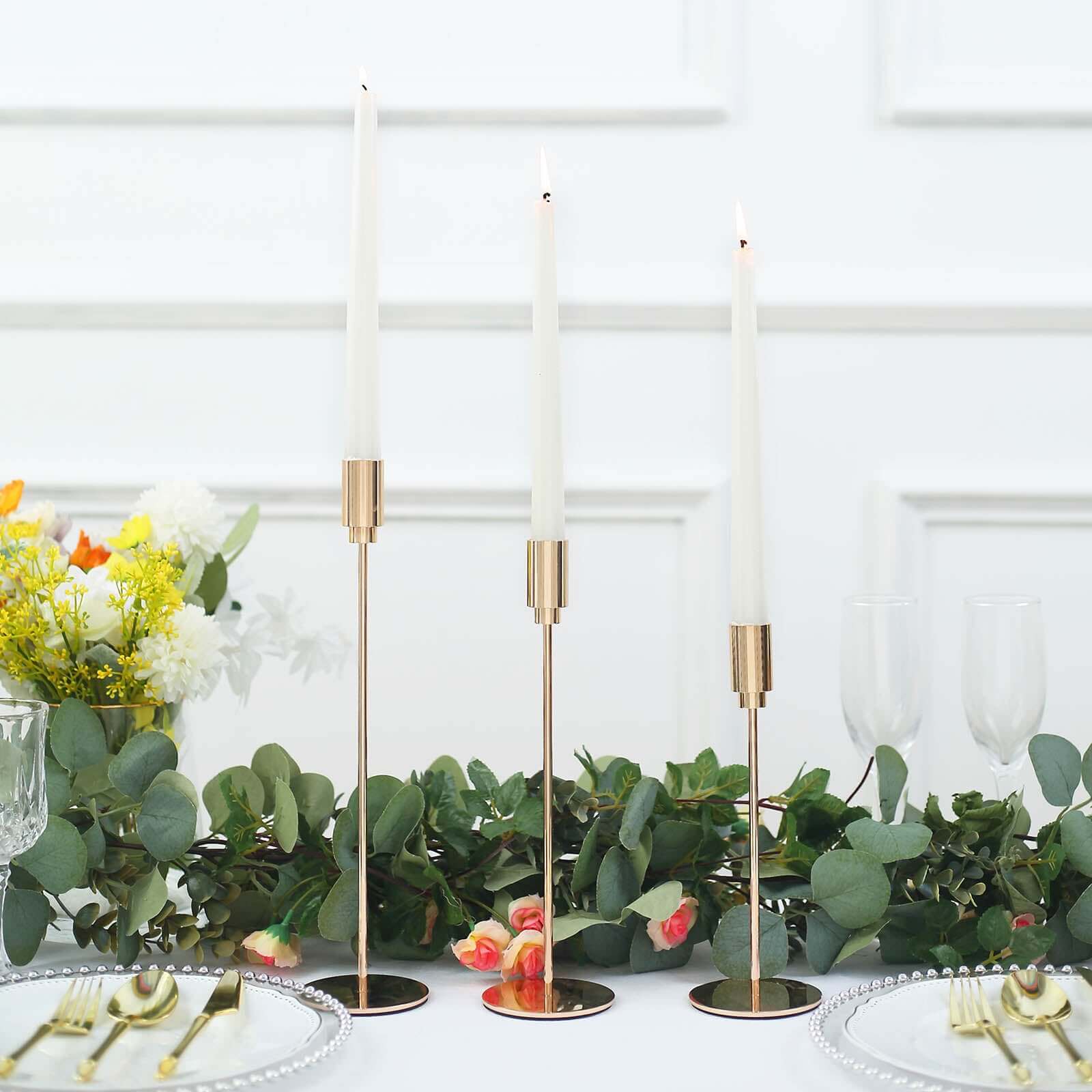 Set of 3 Gold Metal Taper Candle Stands With Round Solid Base, Decorative Candlestick Holder Set 9