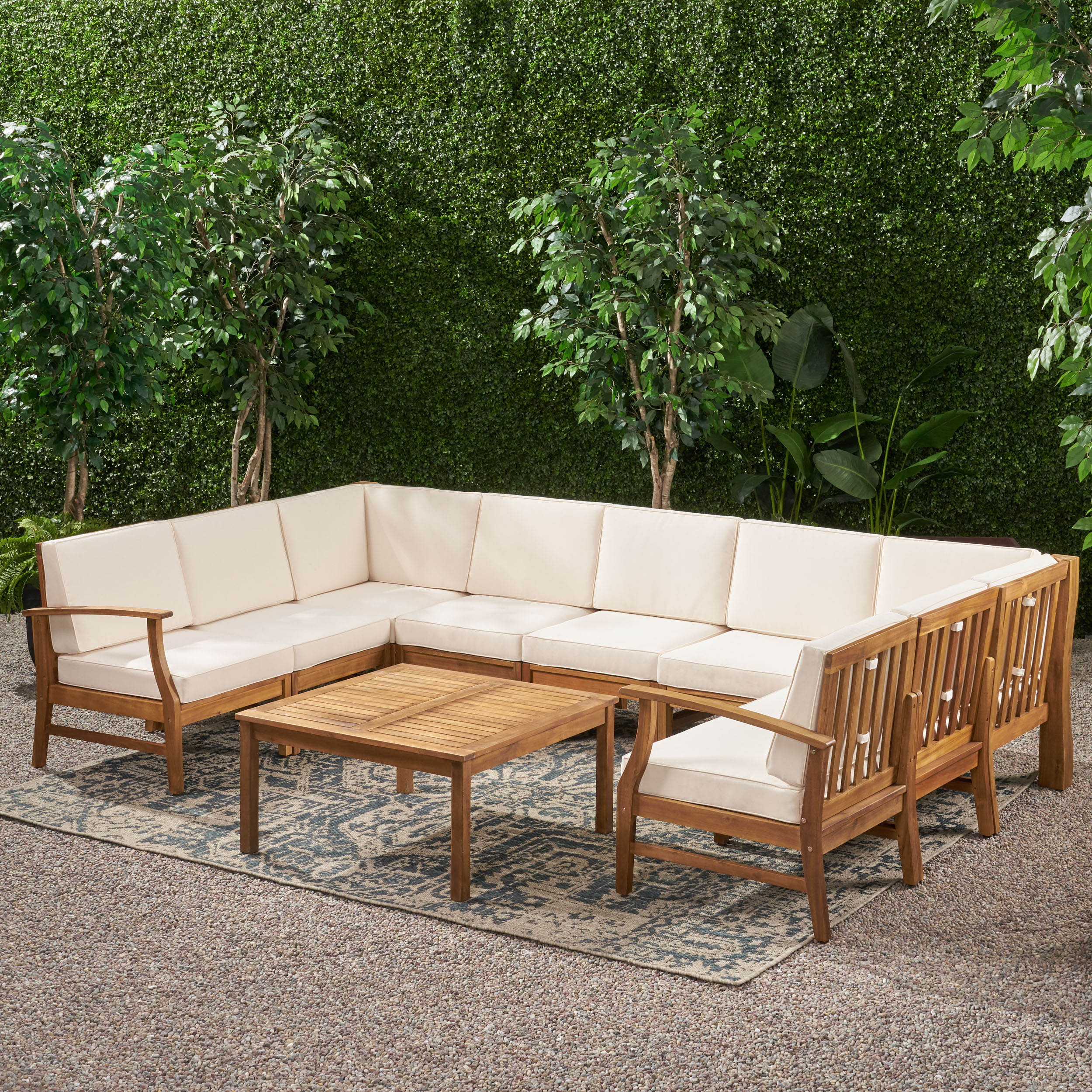 Judith Outdoor 9 Seater Acacia Wood Sectional Sofa Set with Cushions