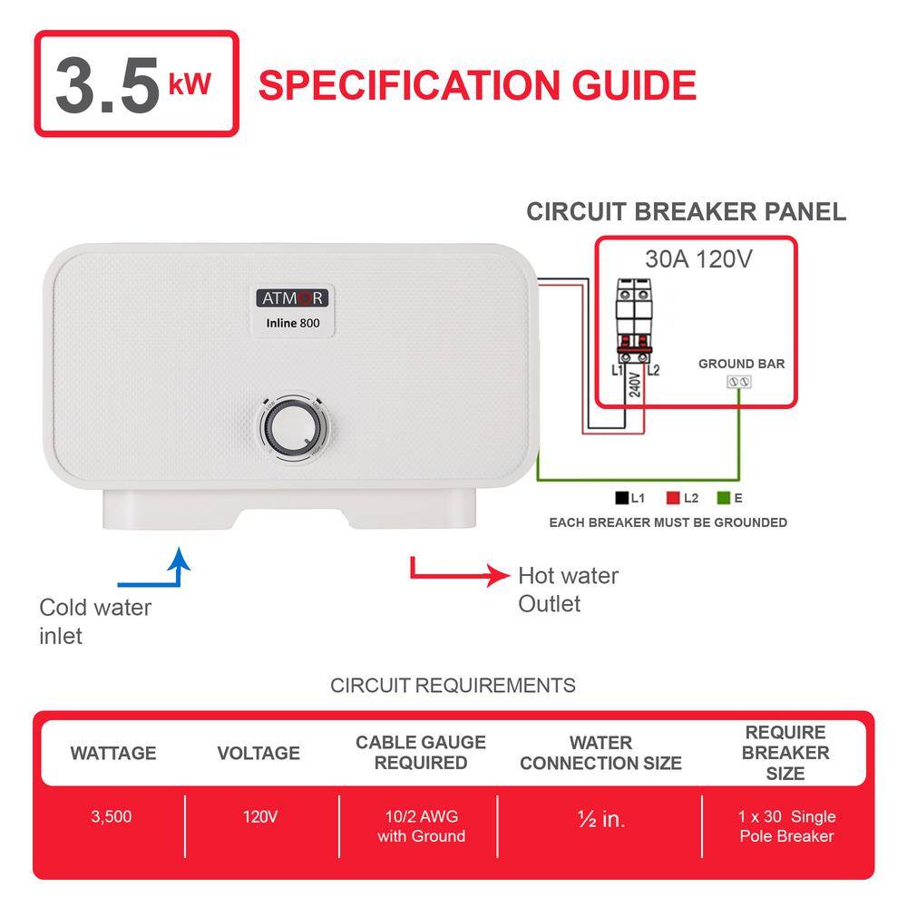 ATMOR 3500-Watt120V 0.5 GPM Point-of-Use Electric Tankless Water Heater Includes Pressure Relief Device 1-Sink Water Heater AT-35WH-HD