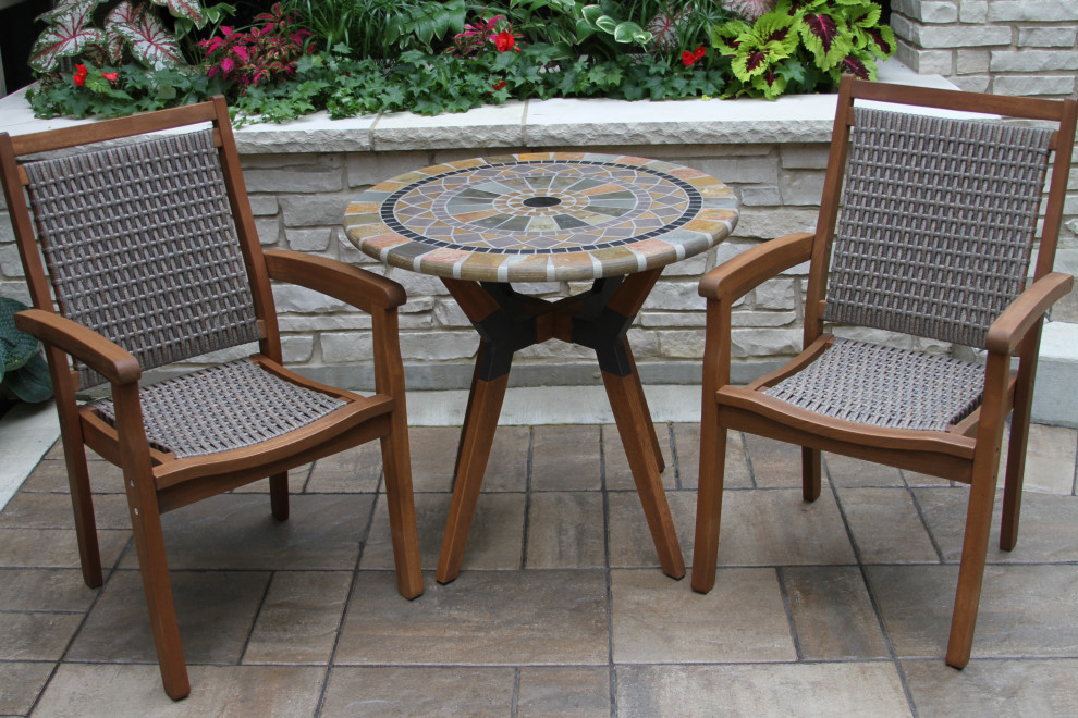 3 Piece Sandstone  Eucalyptus and Metal Bistro Set  With Stacking Armchair   Tropical   Outdoor Pub And Bistro Sets   by Outdoor Interiors  Houzz