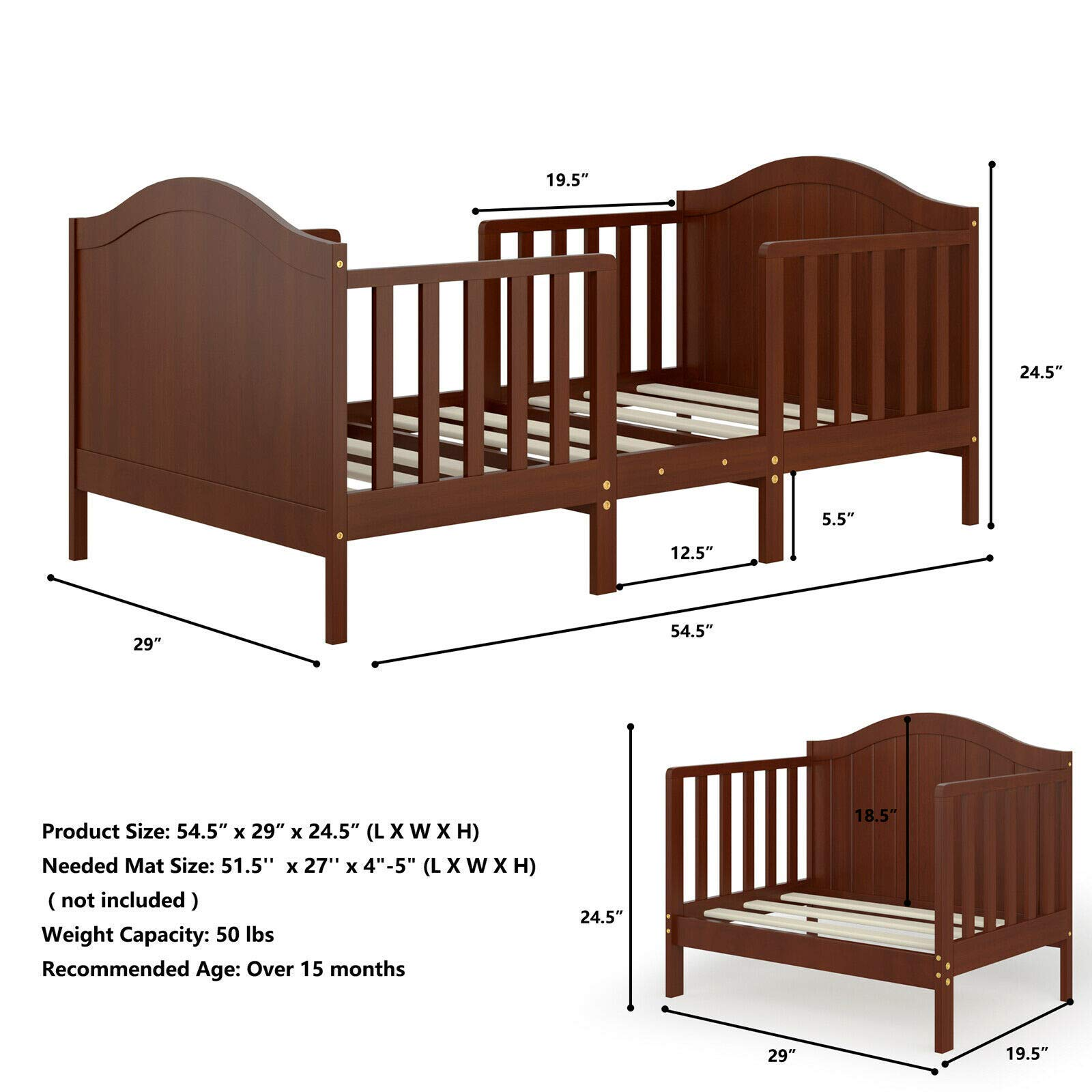 Classic Wood 2 in 1 Children Bed Frame w/2-Side Guardrails & Footboard