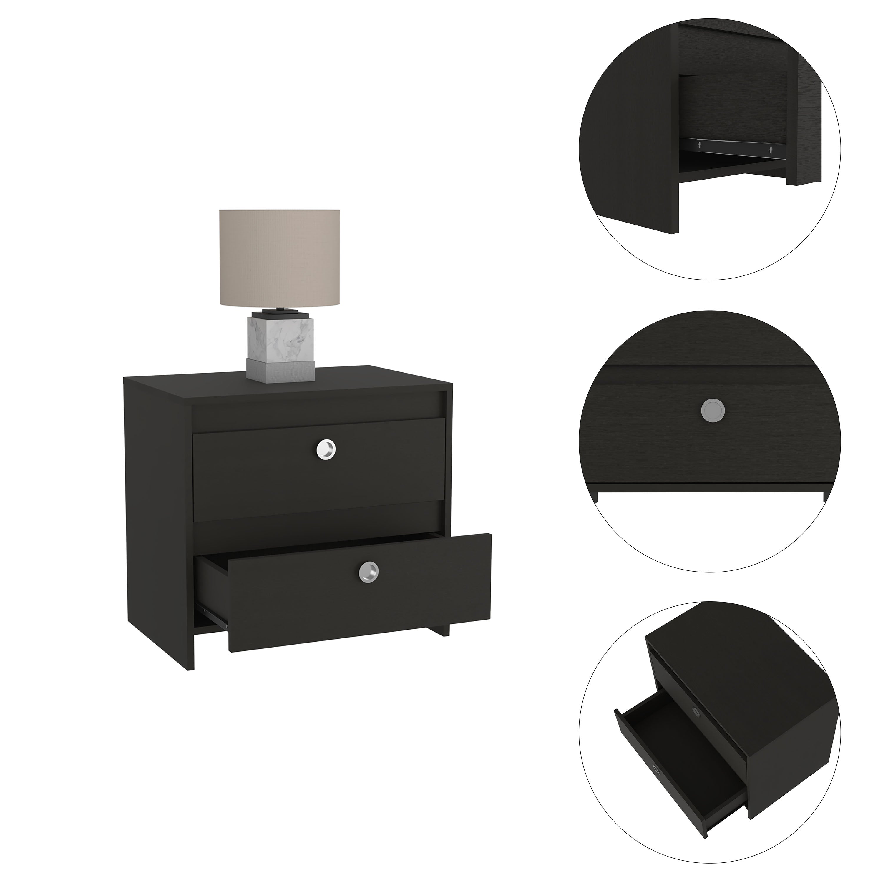 Boahaus Elche Modern Nightstand, Black Painted, 2-Drawers, for Bedroom