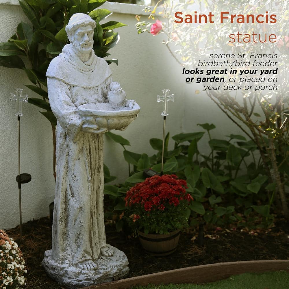 Alpine Corporation 45 in. Tall Outdoor Saint Francis Birdbath Statue Yard Art Decoration, Light Gray QFC106