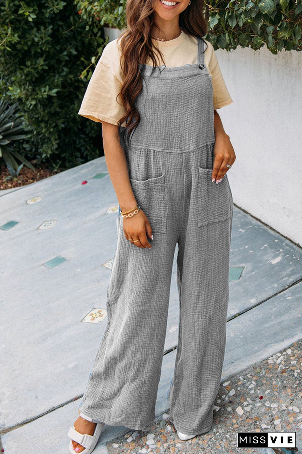 Plain Texture Wide Leg Cami Jumpsuit