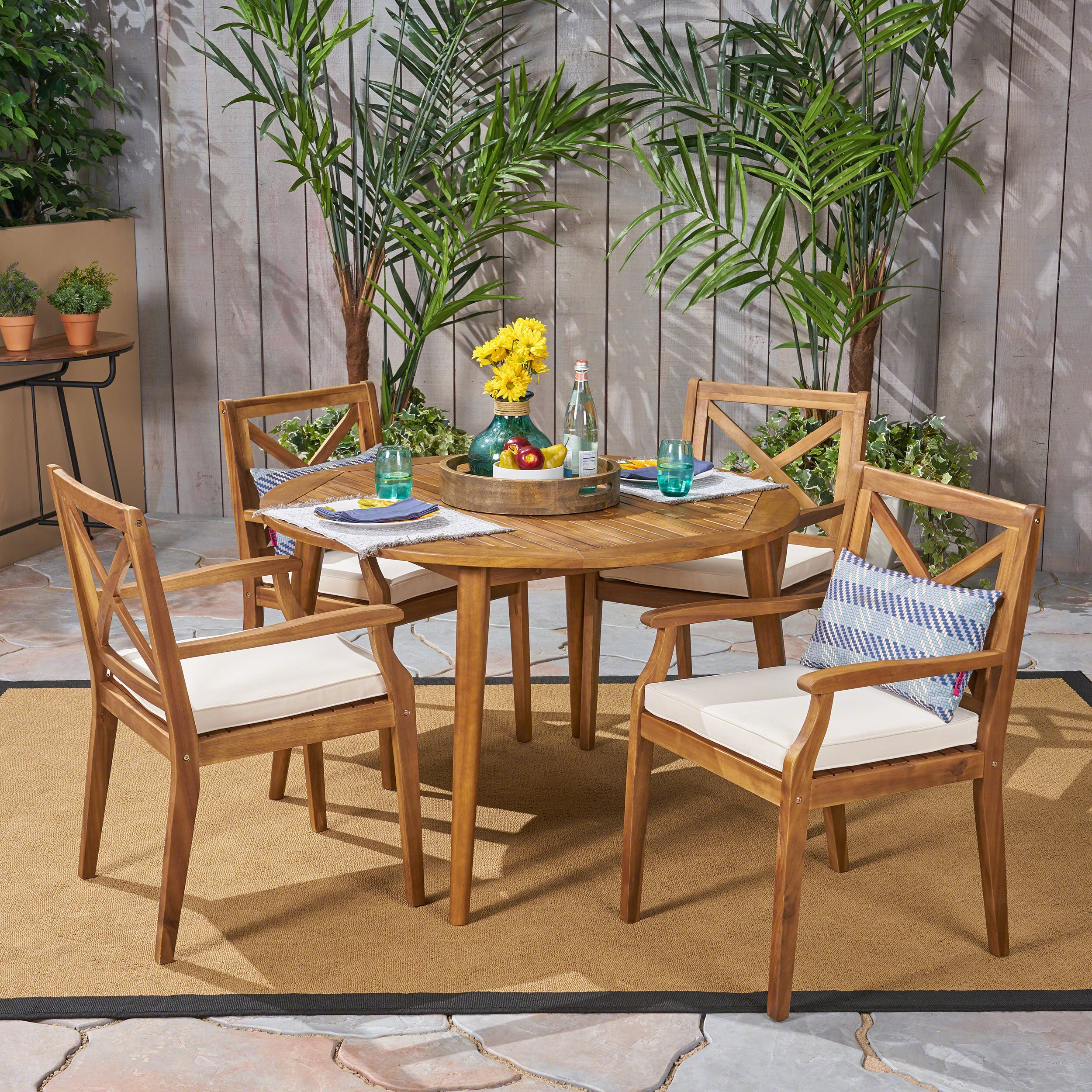 Jenson Outdoor 5 Piece Acacia Wood Dining Set with Cushions