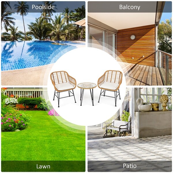 Costway 3PCS Patio Rattan Bistro Furniture Set Cushioned Chair Table