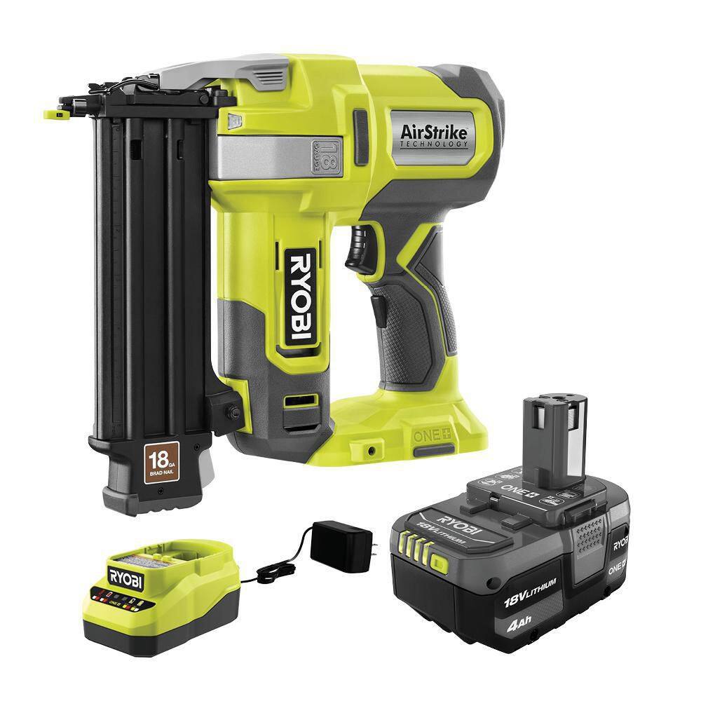 RYOBI ONE+ 18V 18-Gauge Cordless AirStrike Brad Nailer with 4.0 Ah Battery and Charger P321K1N