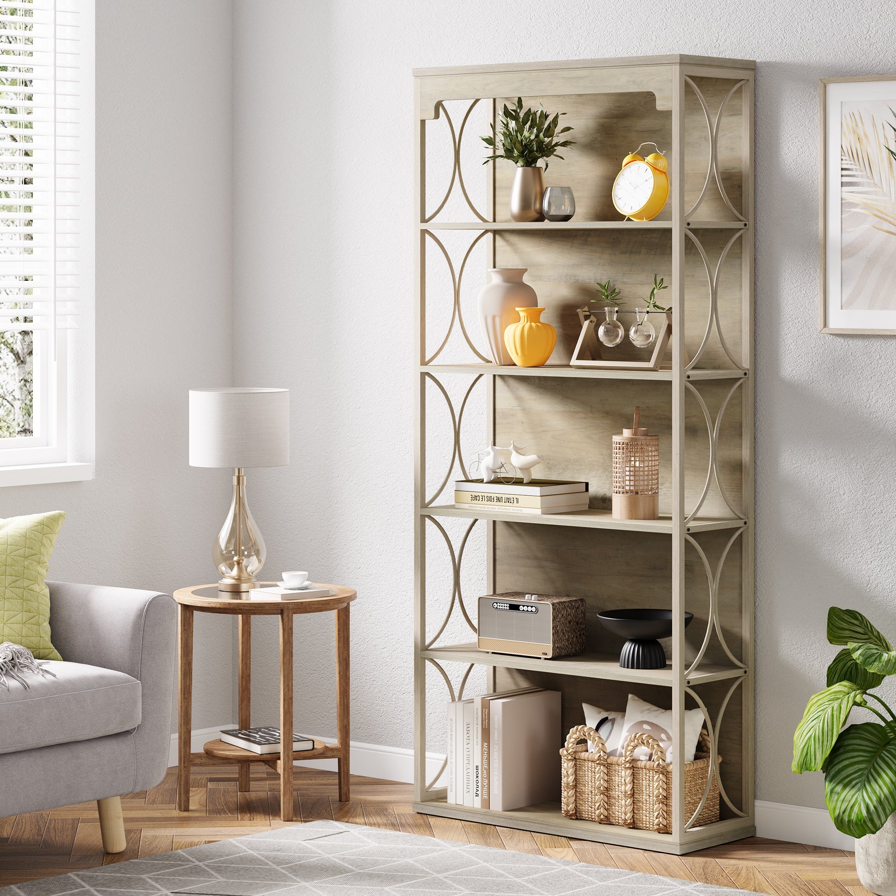 70.8 Bookshelf, 5-Tier Wood Bookcase Etagere Display Shelf