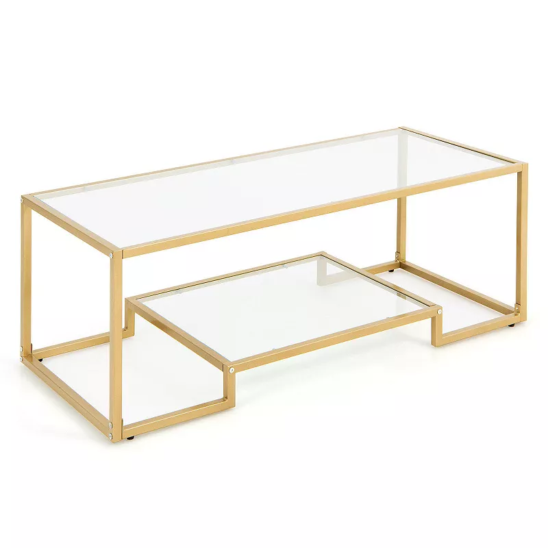 Modern 2-Tier Rectangular Coffee Table with Glass Table Top