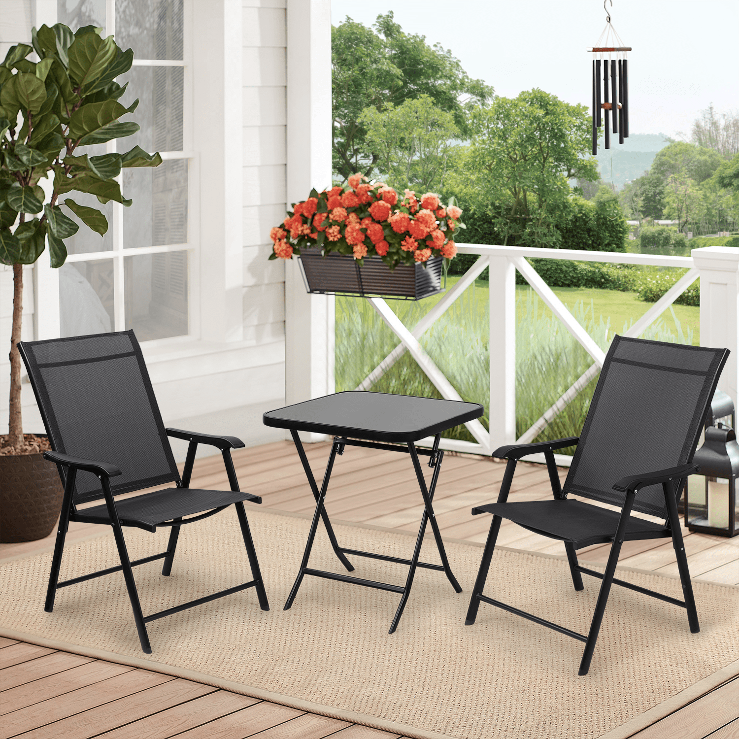 MoNiBloom 2 Pieces Foldable Metal Frame Patio Dining Chairs with High Backrest and Armrest, for Outdoor Garden, Black