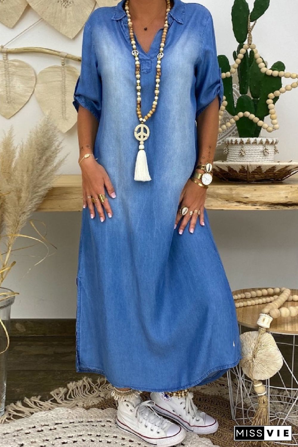 Plus Size Denim Split Neck Side Slit Maxi Dress