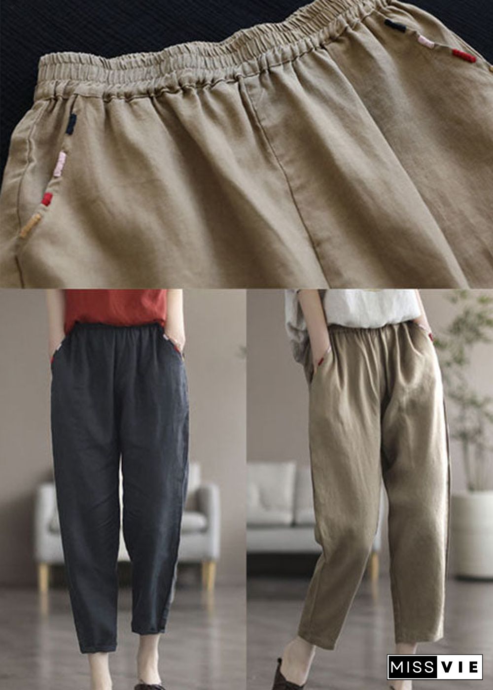 Khaki Pockets Linen Harem Pants High Waist Summer