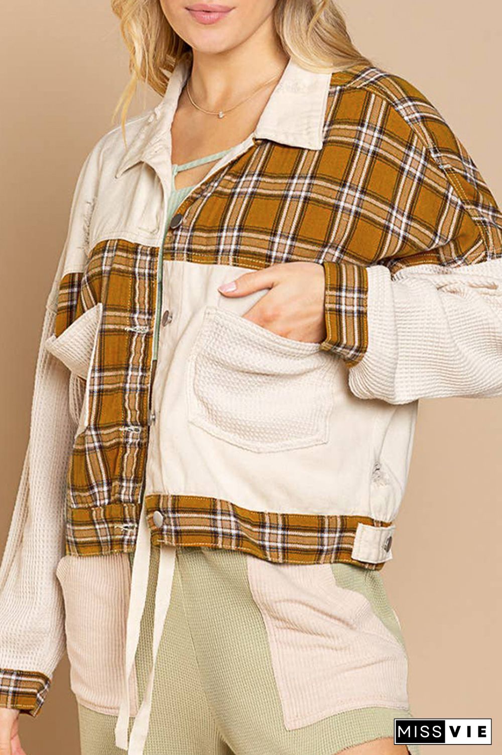 White Ripped Splicing Plaid Waffle Knit Denim Short Length Jackets