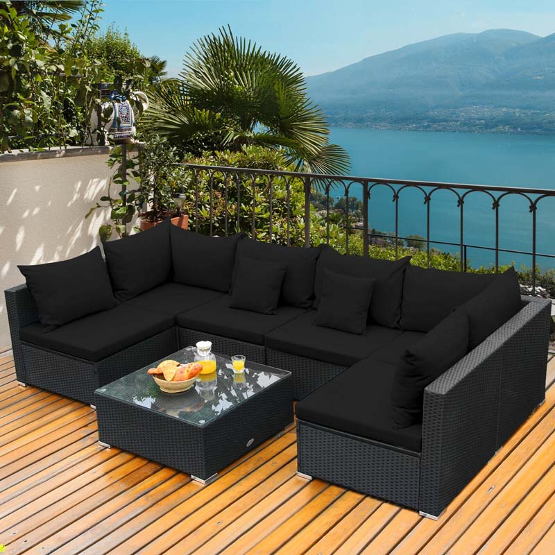 7 Pcs Rattan Patio Furniture Sectional Sofa Set Outdoor Wicker Conversation Set with Back & Seat Cushions Pillows