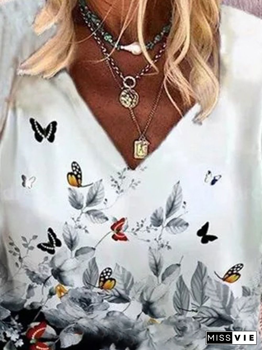 Vintage Half Sleeve Butterfly Floral Printed V Neck Plus Size Casual Tops