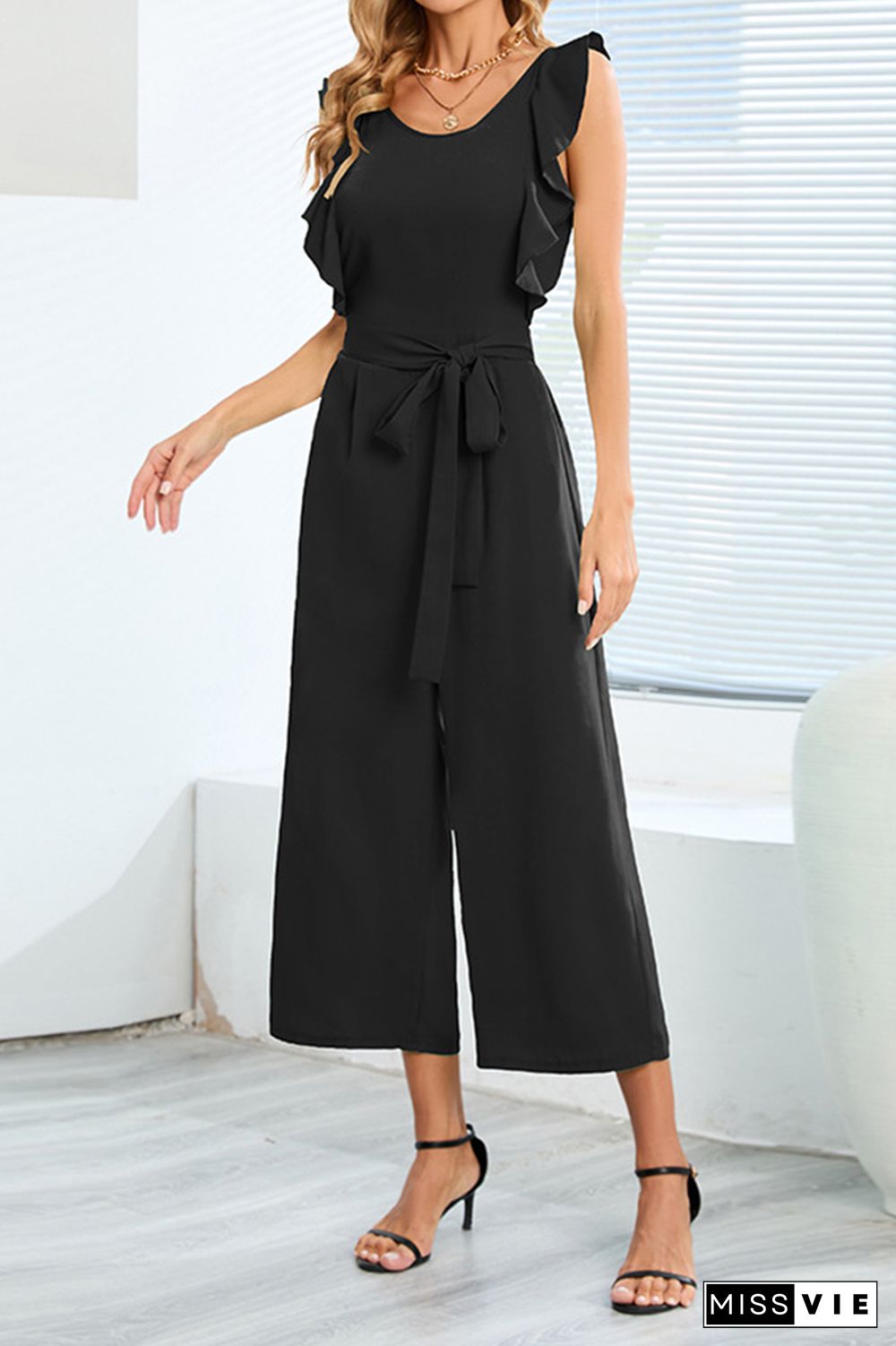 Plain Flutter Sleeveless Wide Leg Jumpsuit