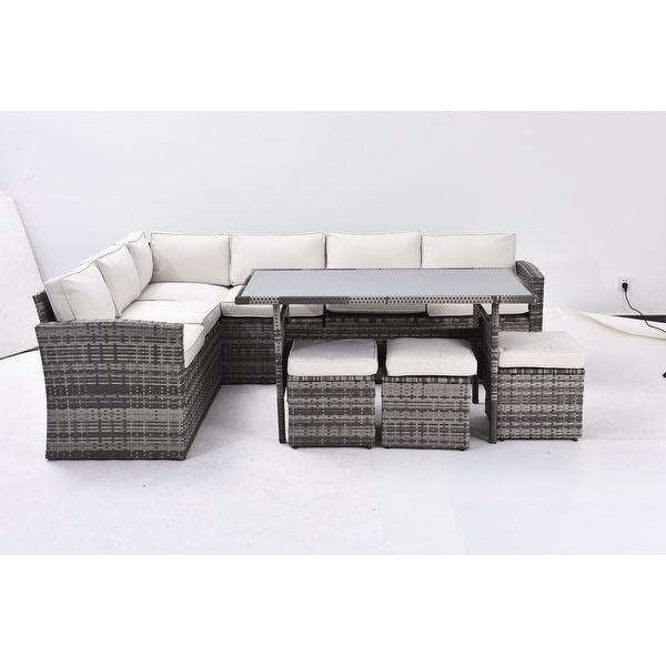 Patio Furniture Set，7 Pieces Sectional Conversation Sofa with Ottomans，All Weather，With Backrest and Removable Cushions