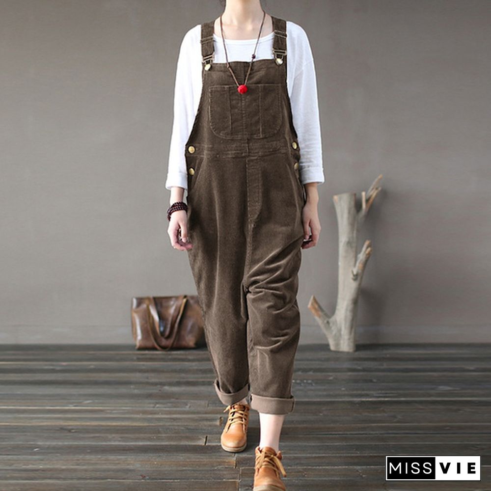 ZANZEA Women New Retro Solid Color Corduroy Suspender Pants Jumpsuit Rompers Long Pants Dungaree