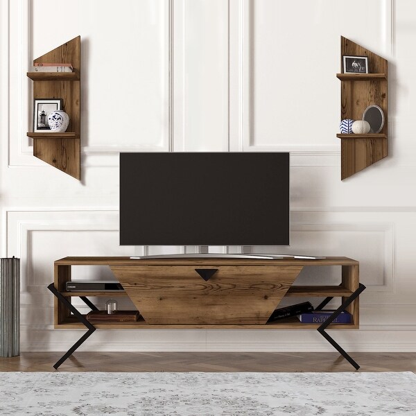 55 Inch Wood TV Console Entertainment Center， 1 Drop Down Door， 2 Wall Shelves， Walnut， Black