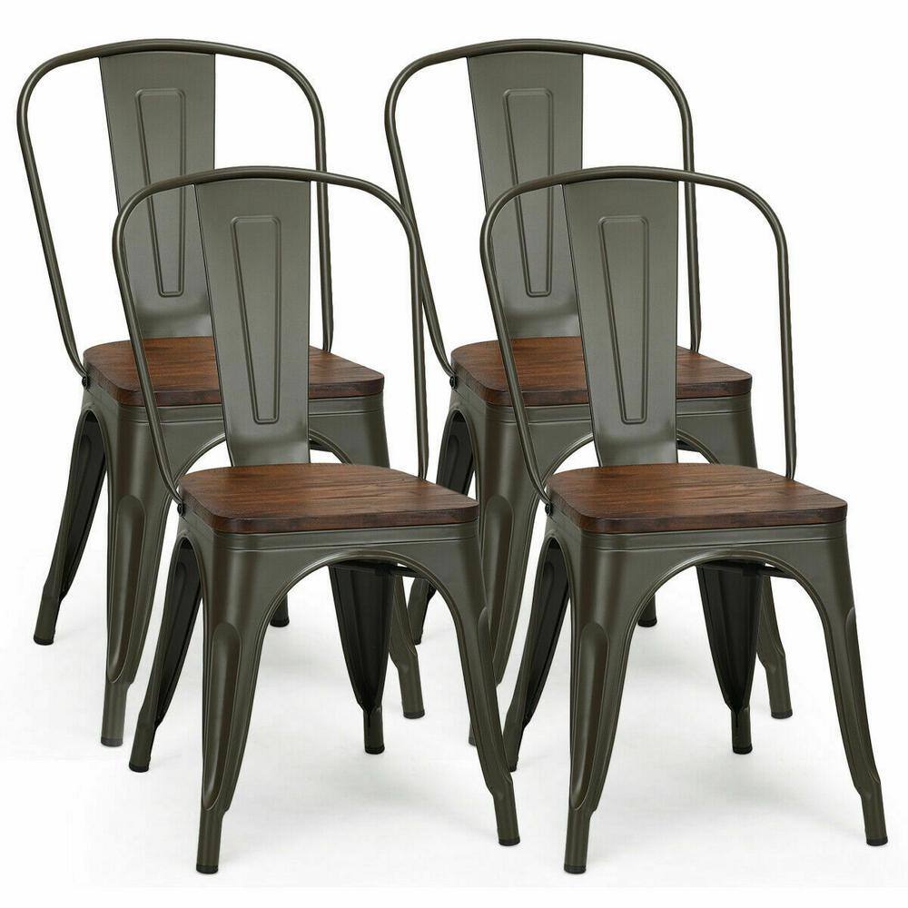 Costway Tolix Style Gun Metal Dining Side Chair Wood Seat Stackable Bistro Cafe (Set of 4) GHM0245GU