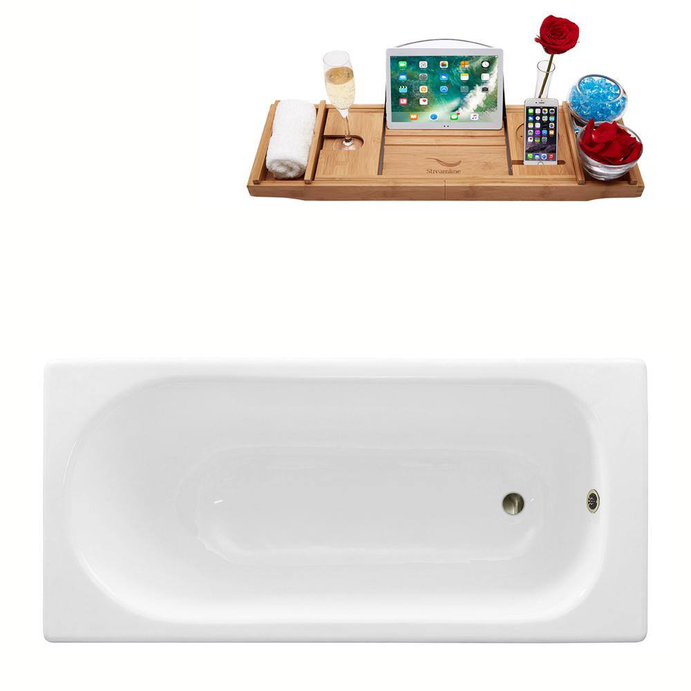 Streamline 59 in. Cast Iron Rectangular Drop-in Bathtub in Glossy White with Brushed Nickel External Drain and Tray R5560BNK