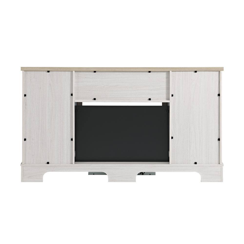 Home Decorators Collection Bramble 63 in. Freestanding Electric Fireplace TV Stand w Sliding Mesh Barn Door in White w Washed Blonde Walnut Top 1361FM-26-352