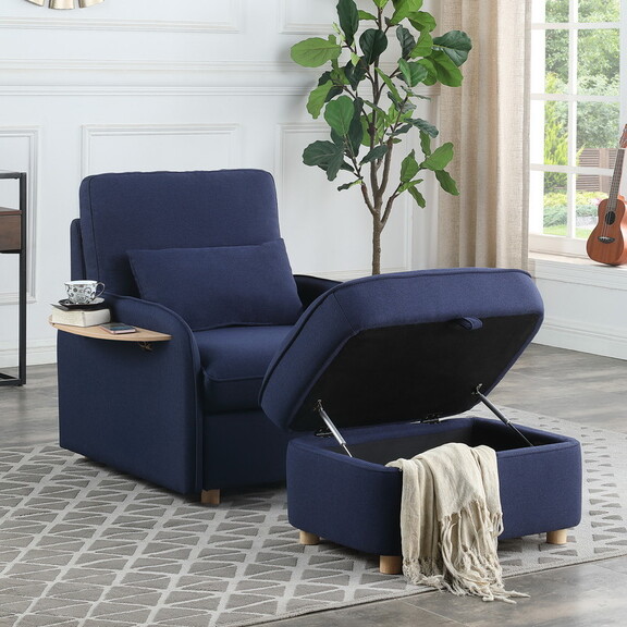 Huckleberry Blue Linen Accent Chair with Storage O...