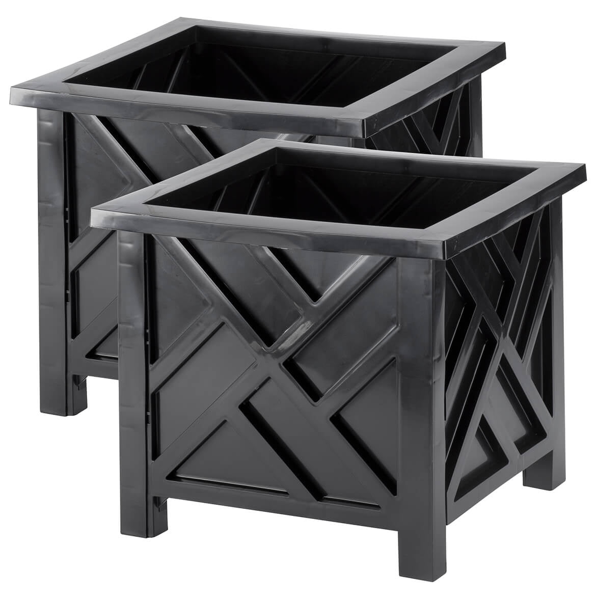 Set of 2 Chippendale Planter Boxes, Black, Outdoor Décor – Plant Holder for Garden, Patio and Lawn, Weather-Resistant Polypropylene – 14 ¾” sq. x 13 ¼ H Overall