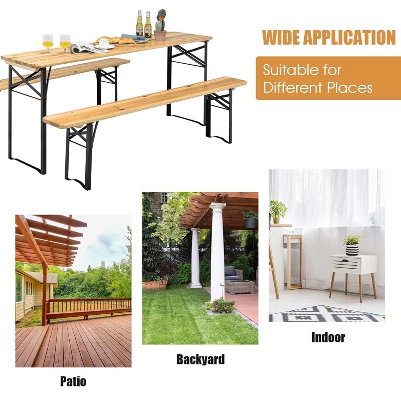 70'' 3 Pcs Folding Picnic Table Bench Set, Portable Beer Table with Seating Set, Wooden Top Outdoor Dining Table Set