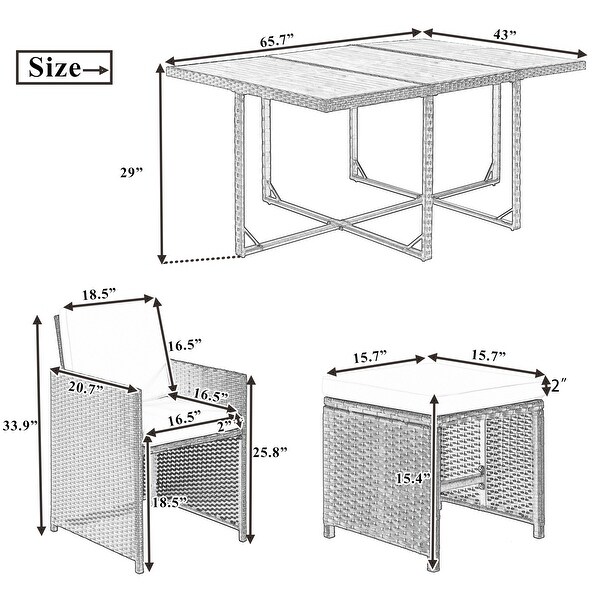 11Piece Patio Dining Set with Foldable Chairs，Wood Tabletop，PE Wicker Furniture for Outdoor Gatherings