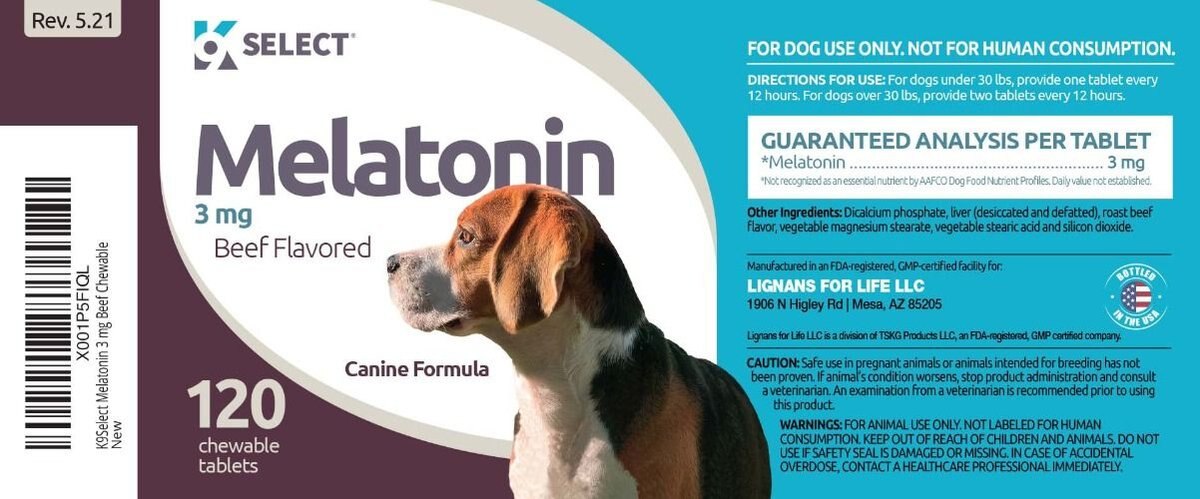 K9 Select Melatonin Beef Flavor Calming Dog Supplement， 3-mg， 120 count