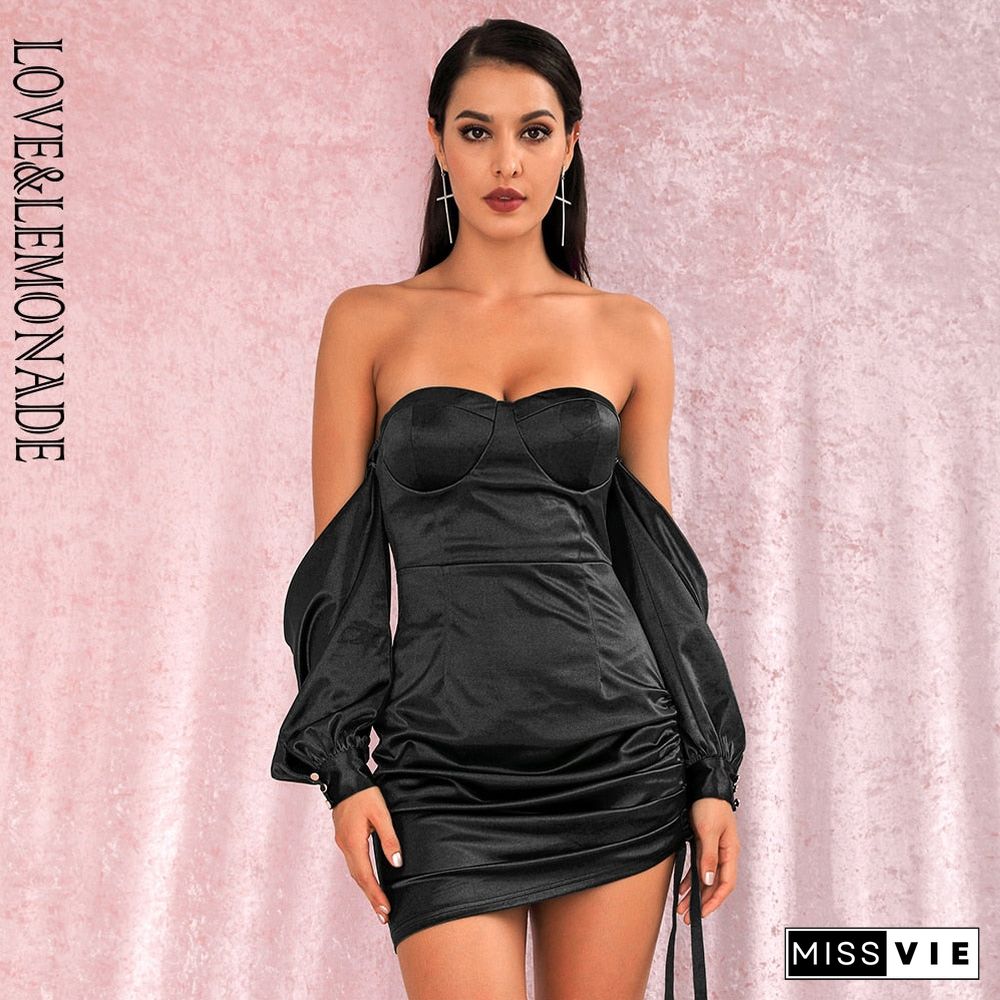 Love&Lemonade Sexy Black Off-The-Shoulder Tube Top Loose Sleeves Smocked Tiestring Bodycon Mini Party Dress Lm81972