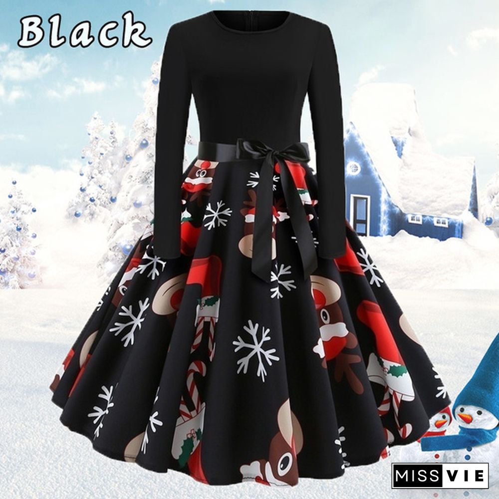 Dresses for Women Party Christmas Round Neck Belt Prom Dresses Halloween Costumes Long Sleeve Dresses Elegant Pumpkin Santa Claus Printed Evening Pleated Dresses