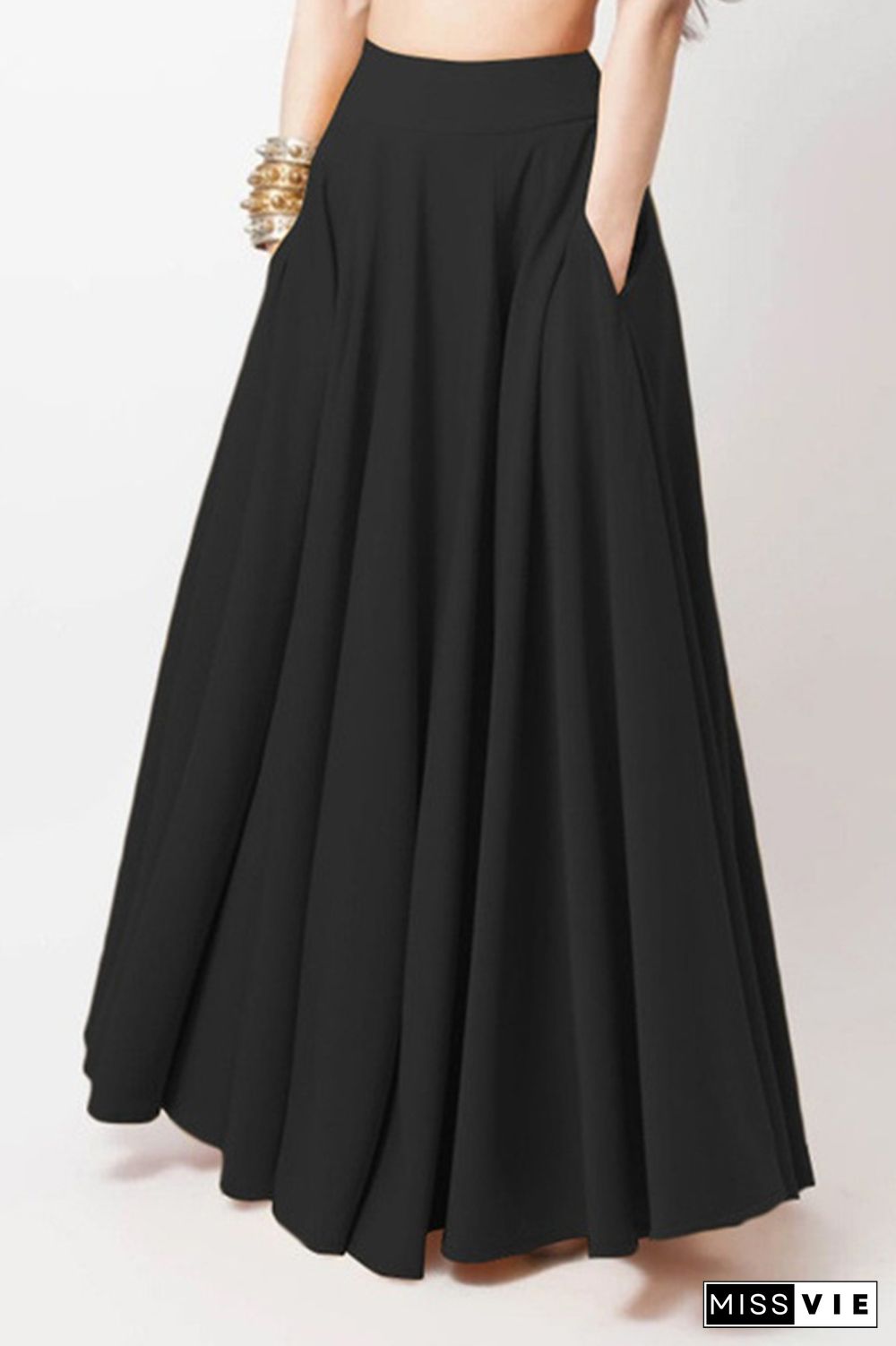 Plain High Waist Pockets Pleated Skirt