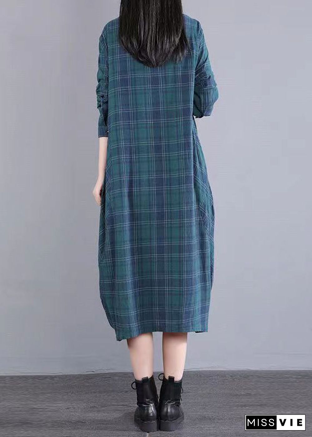 Blue Plaid Pockets Cotton Shirts Dress Stand Collar Fall