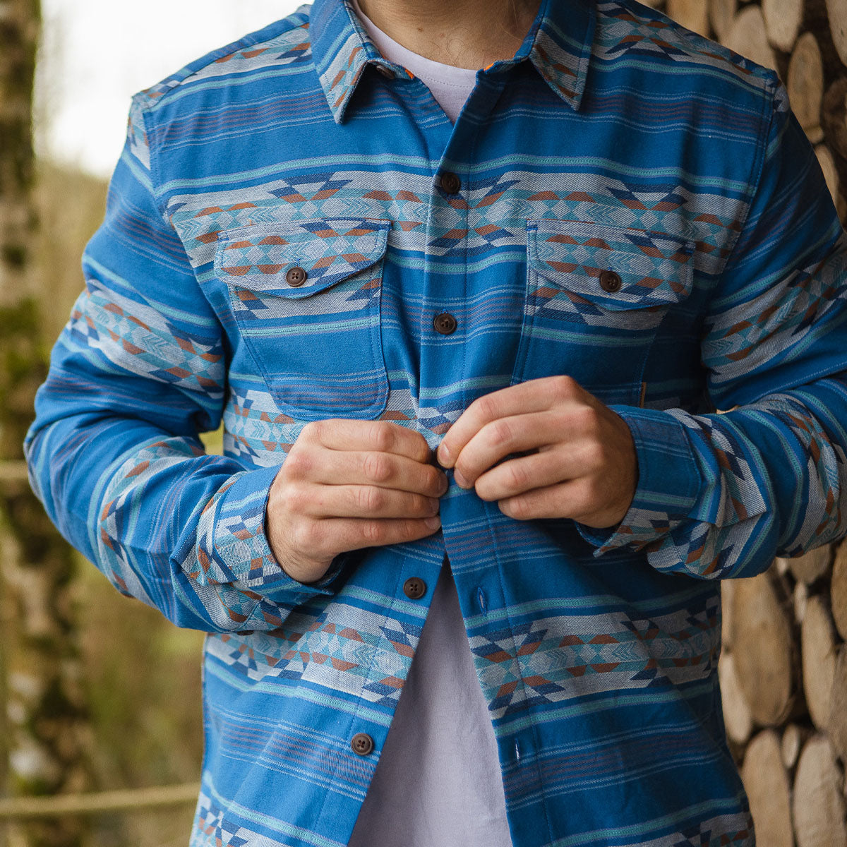 Cabin Jacquard Organic Cotton Shirt - Soft Cobalt Pattern