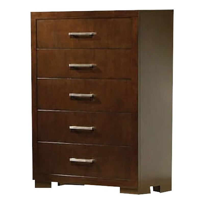 Bowery Hill 5 Drawer Contemporary Solid Wood Chest in Cappuccino/Silver