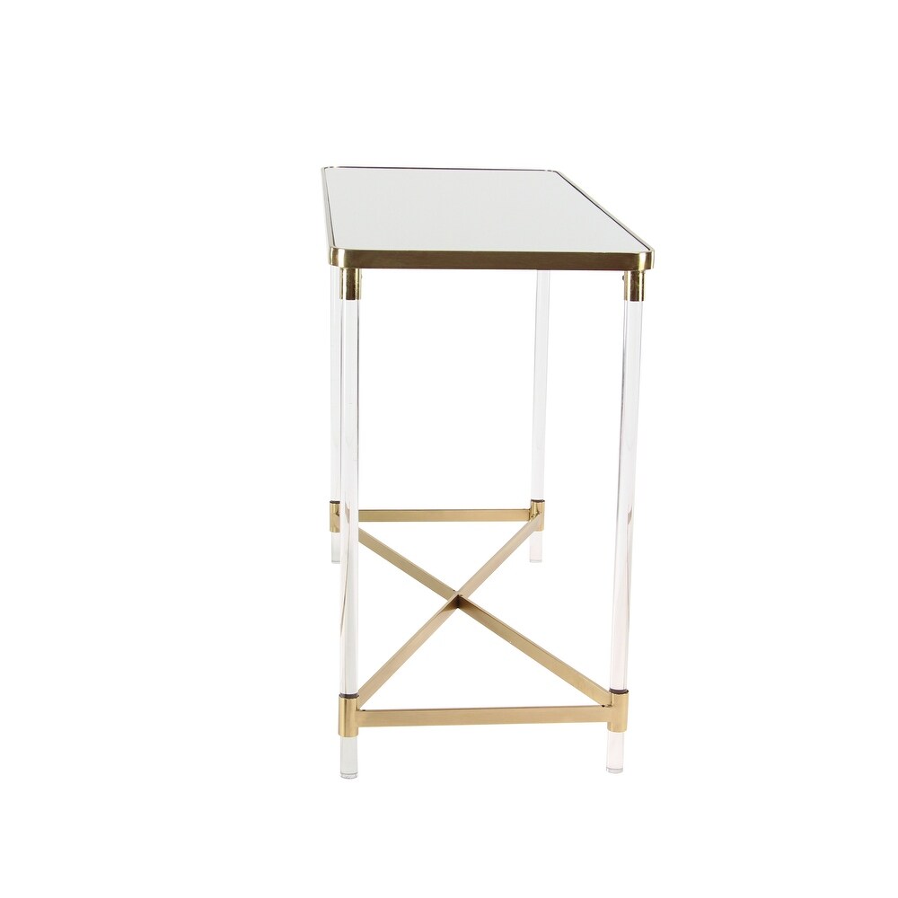 Gold Metal Contemporary Console Table with Mirrored Top and Acrylic Legs