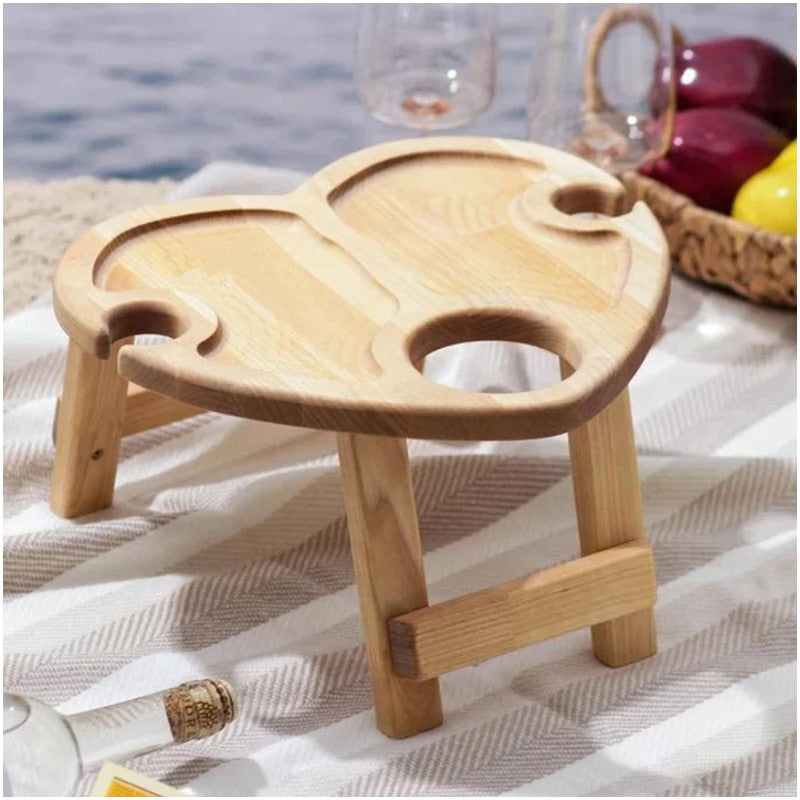 Portable Wine Table - Holds Wine Glasses and Bottles In Place - Outdoor Wine Table - Wine - Wooden Outdoor Folding Table With Glass Shelf