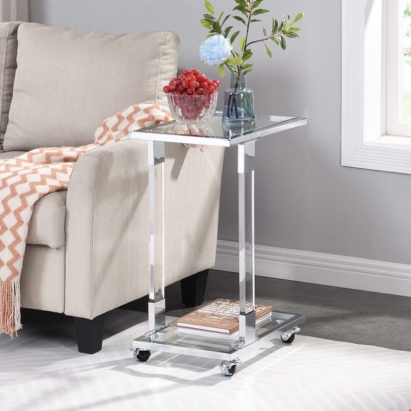 End Table Set of 2， C Shaped Chrome Side Tables with Wheels Silver Acrylic Table Couch C Table Slide - as picture