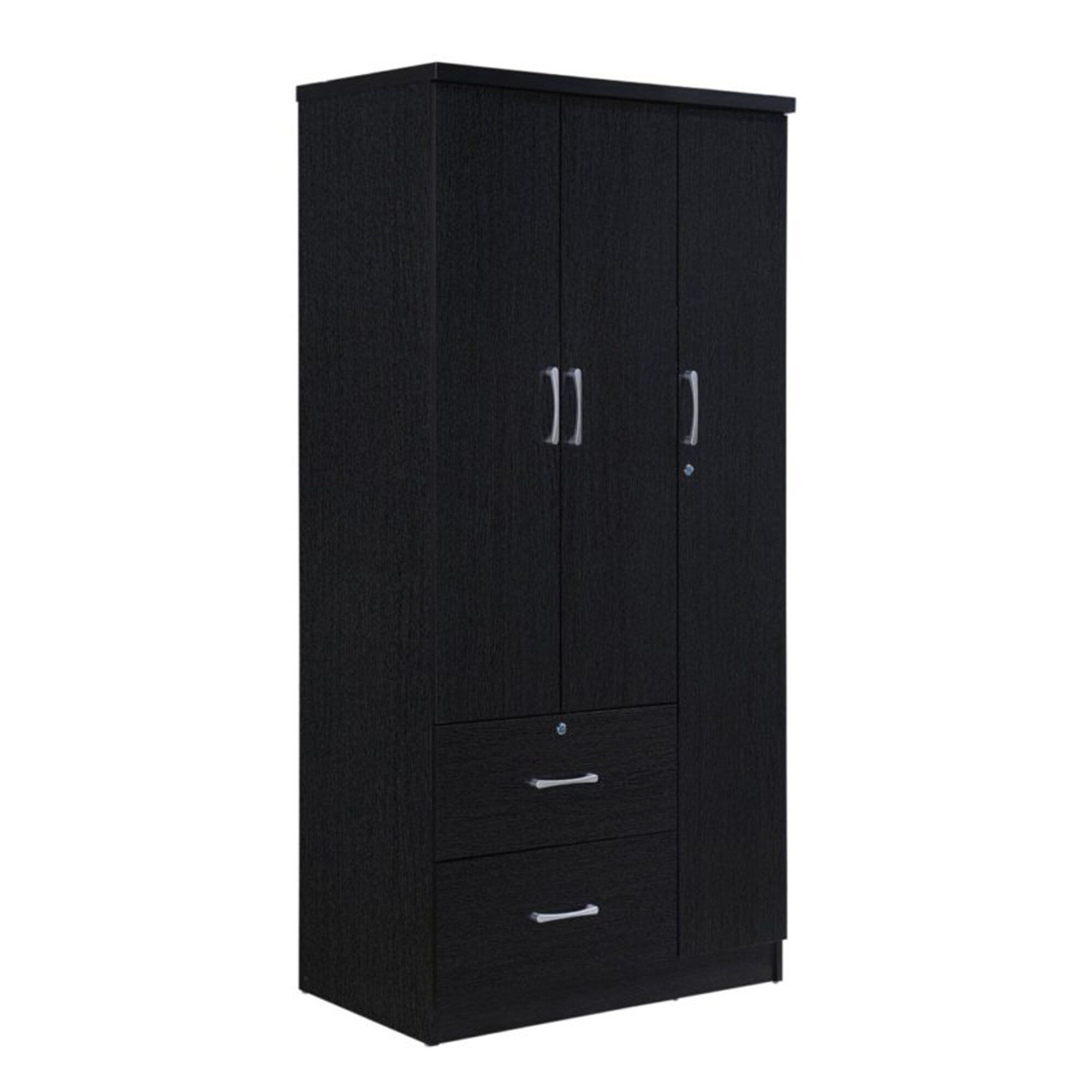 Hodedah Import 3 Door Armoire with Clothing Rod， Shelves， and 2 Drawers， Black - - 37191678