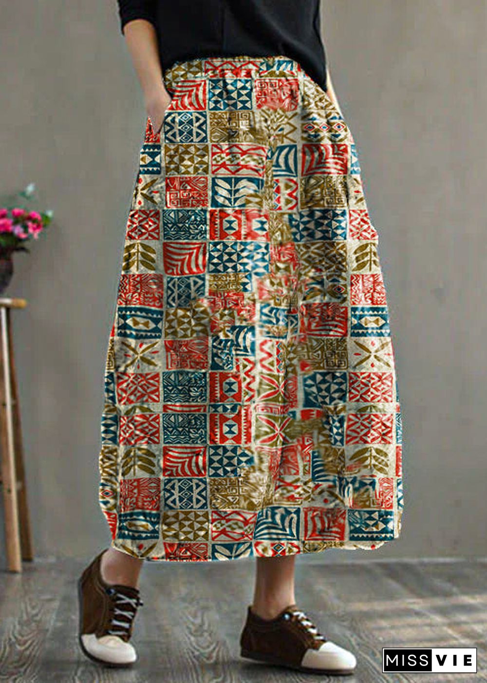 Women Black - texture Elastic Waist Patchwork Print Fine Cotton Filled Skirt Winter