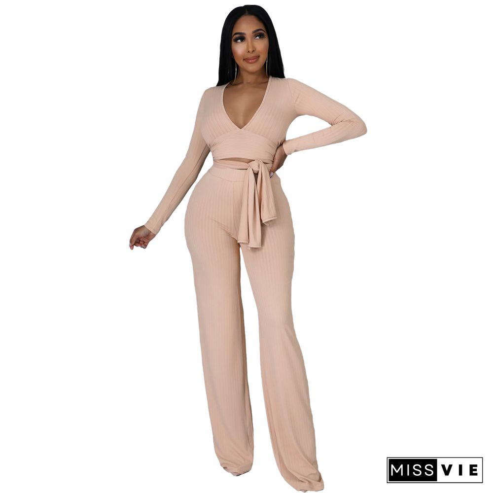 V Neck Irregular Top Straight-leg Pants Set