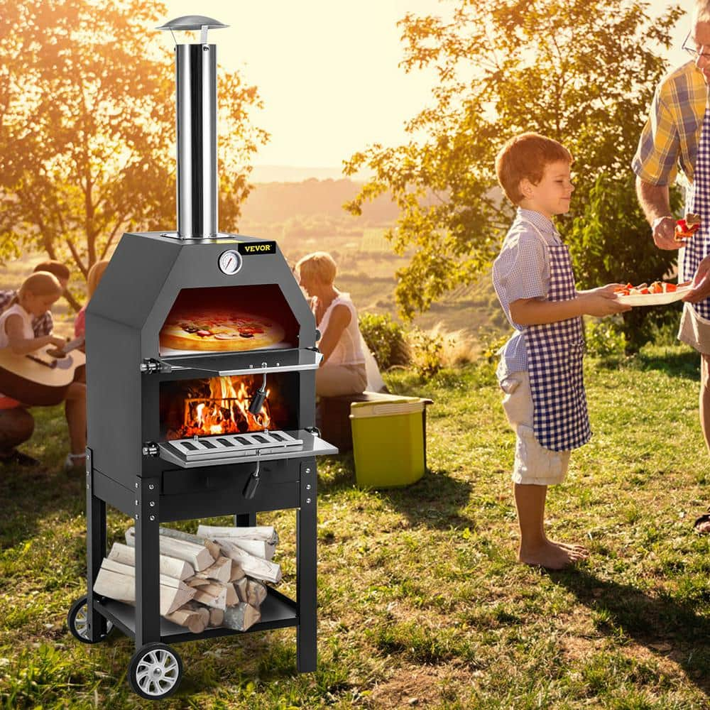 VEVOR Pizza Oven 12 in. Removable Wheels 2-Layer Charcoal Burning Outdoor Pizza Oven with Pizza Stone for Barbecue in Black LDSPSLLZXBDDWRLHEV0